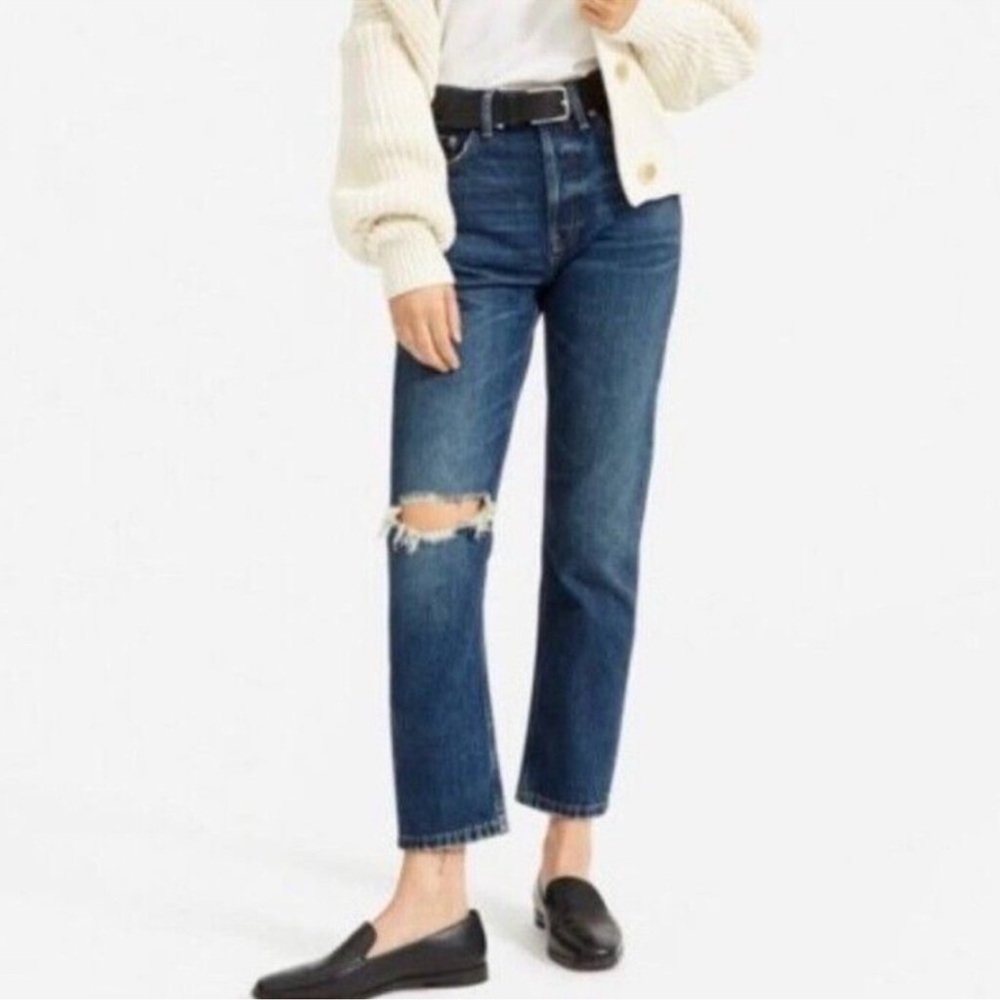 Everlane the Cheeky Jean Dark Denim Straight High Rise Ripped Distressed Knee